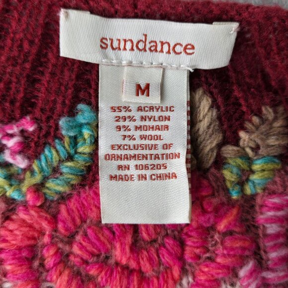 Sundace Floral Embroidered Cardigan M Burgundy Mohair Wool Boho Artsy Sweater - Picture 7 of 11